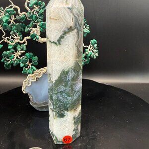 Large Moss Agate Crystal Point Tower: 6.5" Tall Druzy  67
